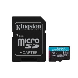 Kingston Technology Tarjeta microSDXC Canvas Go Plus Gen4 de 64 GB, 200 MB/s, A2 U3 V30 y adaptador
