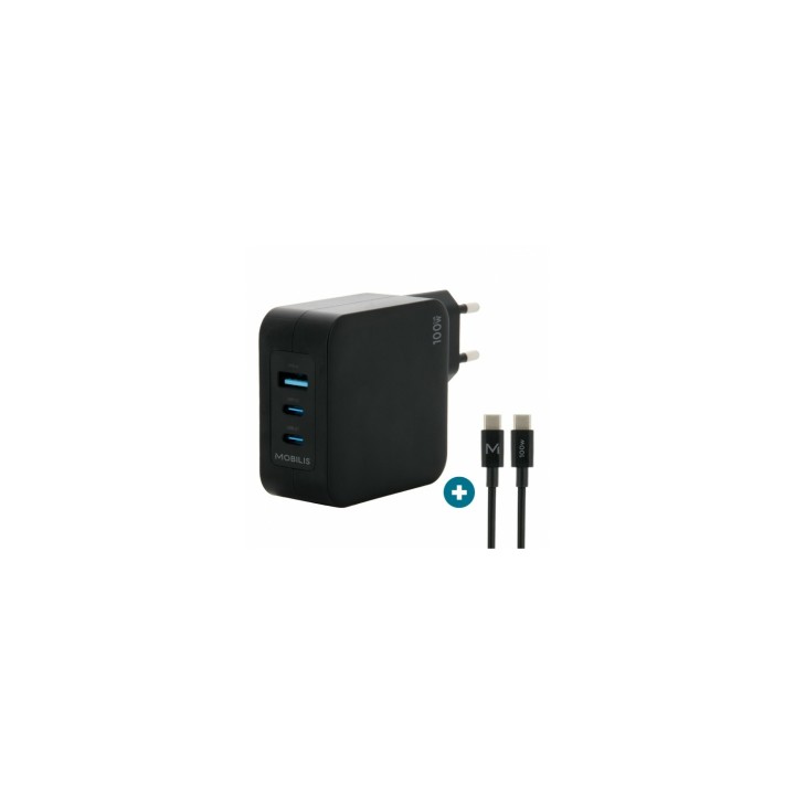 Mobilis Charger 100W 2USB C 1USBA GaN cable 100W Portátil, Smartphone, Tableta Negro Corriente alterna Interior