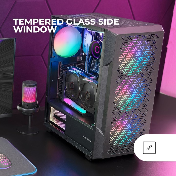 Mars Gaming MC-GEO, Caja Gaming ATX, 4x Ventiladores FRGB Rainbow 12cm, Panel Frontal Mesh Geométrico, Ventana Lateral Cristal