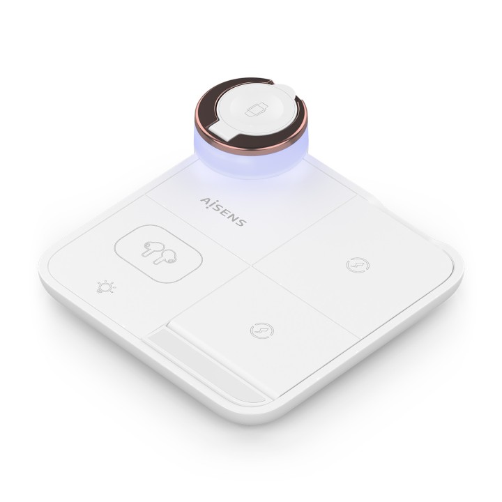 AISENS Cargador Inalambrico USB-C 4 en 1 De 15W Para Movil, Apple Watch, Auriculares Con Estuche De Carga, Blanco