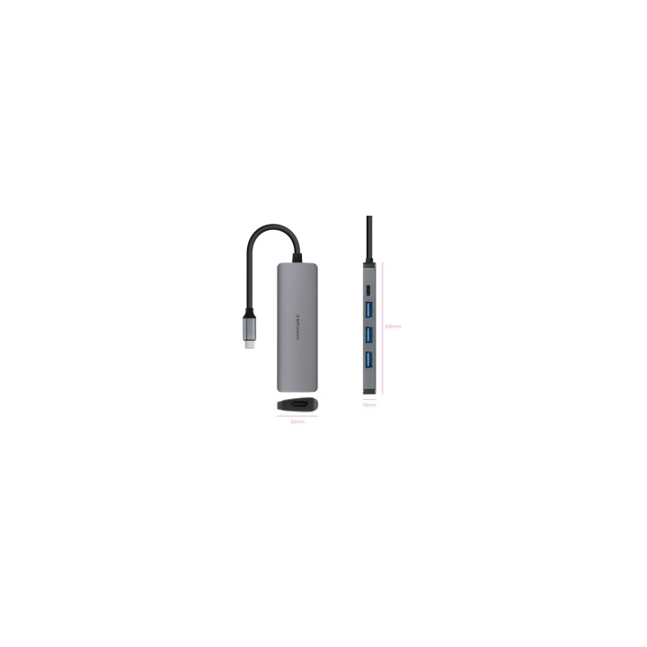 Nanocable Hub USB-C 5 en 1, Conversor USB-C 3.1 a 3xUSB-A 3.0 + USB-C PD + HDMI, Aluminio, Gris, 18 cm