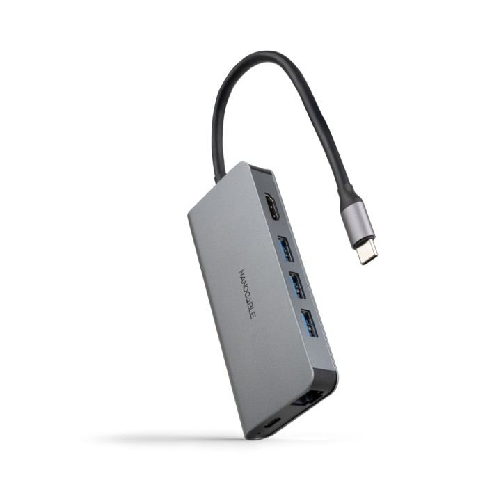 Nanocable Hub USB-C 8 en 1, Conversor USB-C 3.1 a 3xUSB-A 3.0 + HDMI 4K@60Hz + USB-C PD + RJ45 1Gbps + TF + SD, Aluminio, Gris,