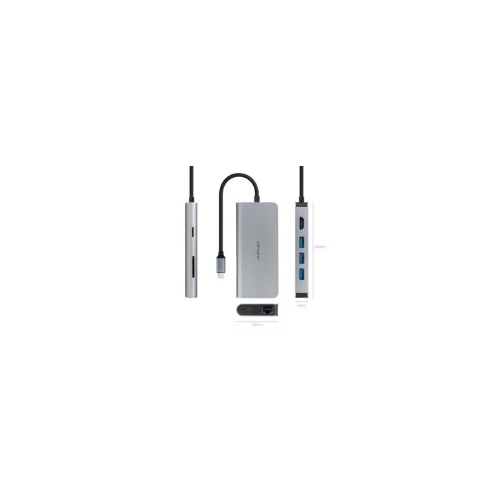 Nanocable Hub USB-C 8 en 1, Conversor USB-C 3.1 a 3xUSB-A 3.0 + HDMI 4K@60Hz + USB-C PD + RJ45 1Gbps + TF + SD, Aluminio, Gris,