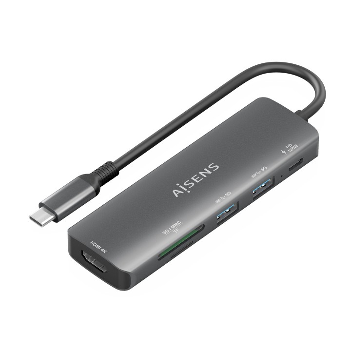 AISENS USB-C Dock 6 en 1, USB-C A, 1x HDMI, 2x USB-A, 1x USB-C PD 100W, 1x SD, 1x MicroSD, Gris, 15cm