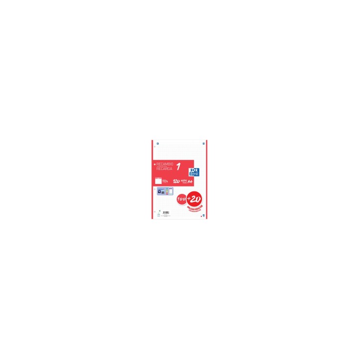 Oxford Recambio 100H + 20H Gratis 4 Taladros A4 90Gr 5X5 1 Banda Rojo