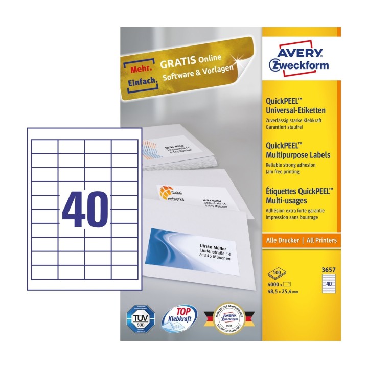 Avery 3657 etiqueta autoadhesiva Rectángulo Permanente Blanco 4000 pieza(s)