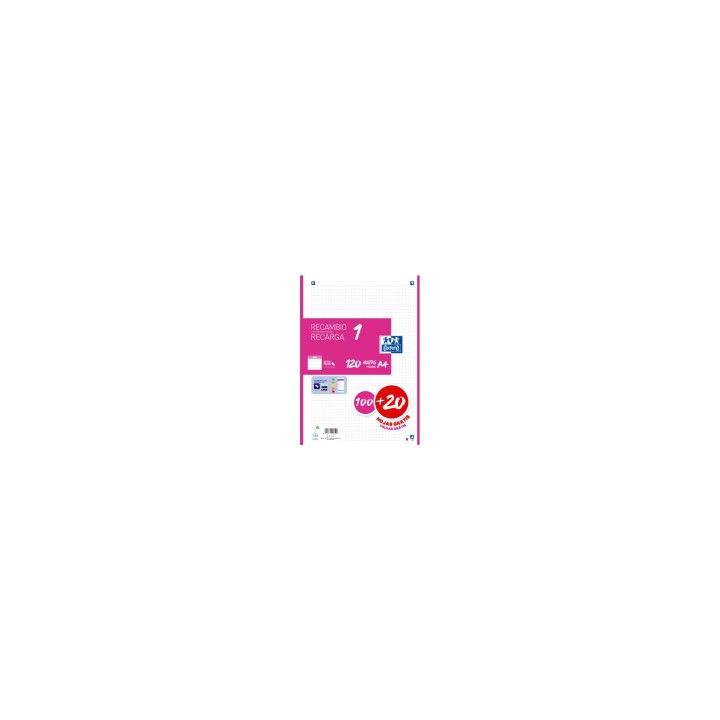 Oxford Recambio 100H + 20H Gratis 4 Taladros A4 90Gr 5X5 1 Banda Fucsia