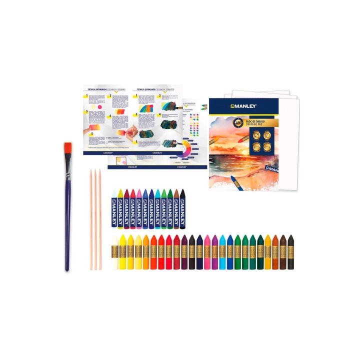 Manley Estuche Set Tecnicas Artisticas con 24 Ceras y 12 ceras acuareables 1 bloc 3 palitos y 1 pincel