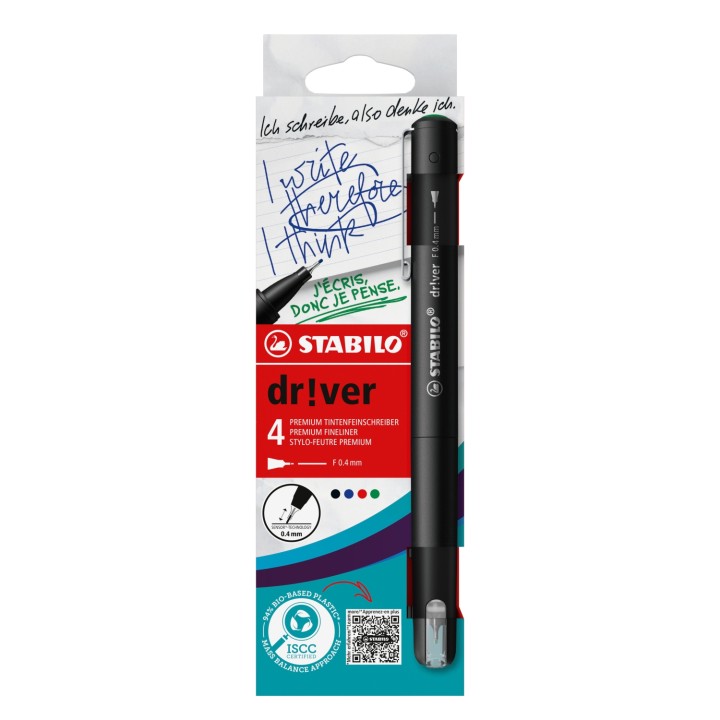 STABILO dr!ver rotulador de punta fina Fino Negro, Azul, Verde, Rojo 4 pieza(s)