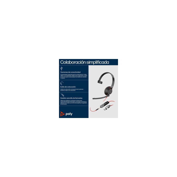 Poly Auriculares Blackwire 5210 monaural USB-C + conector de 3,5 mm + adaptador USB-C/A