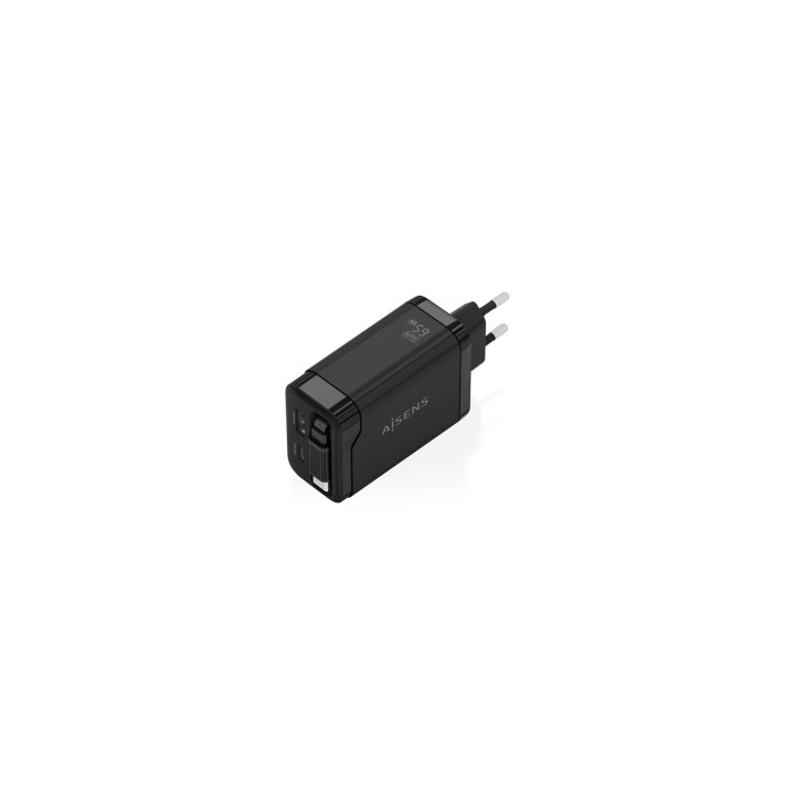 AISENS Cargador GaN 65W, 1xUSB-C Cable Retractil, 1xUSB-C PD3.0, 1xUSB-A QC3.0, Negro
