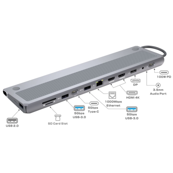 Ewent EW1150 base para portátil y replicador de puertos Alámbrico USB 3.2 Gen 1 (3.1 Gen 1) Type-C Aluminio