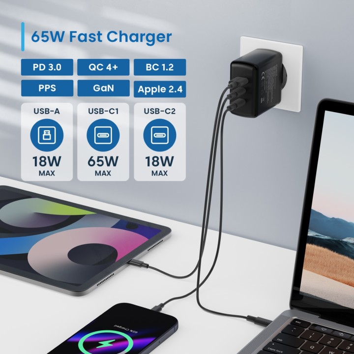 Ewent Cargador rápido GaN de 65W con 3 puertos (2 USB-C PD y 1 USB-A QC), diseño compacto