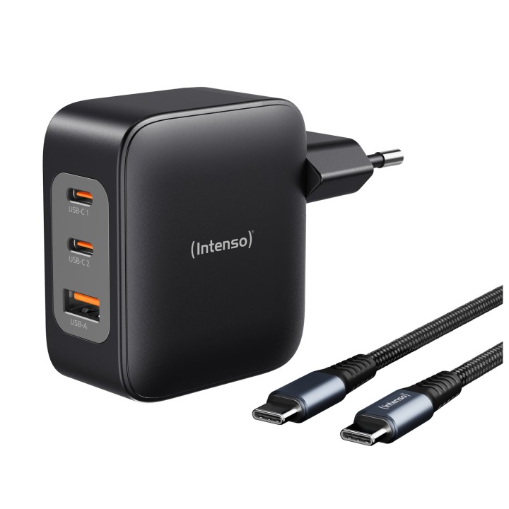 Intenso W100ACC+C520C, Set de adaptador de corriente + cable de carga, 100 W, carga rápida, GaN, carga simultánea de 3