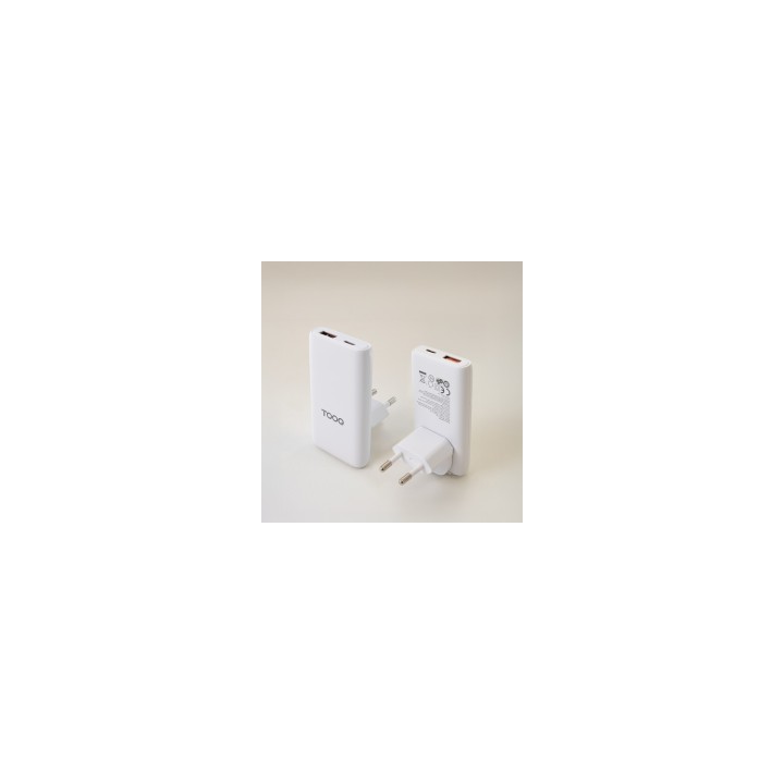 TooQ Cargador de viaje Tipo C y Tipo A, GaN 65W, USB-C/PD + USB-A/QC, Blanco
