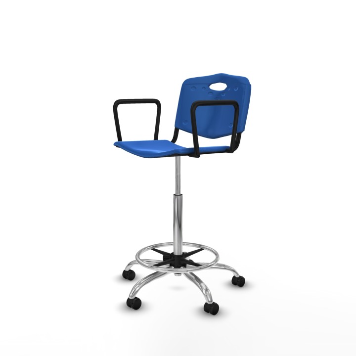 Piqueras y Crespo Taburete Robledo giratorio plástico azul brazos fijos base cromada ruedas engomadas 50mm