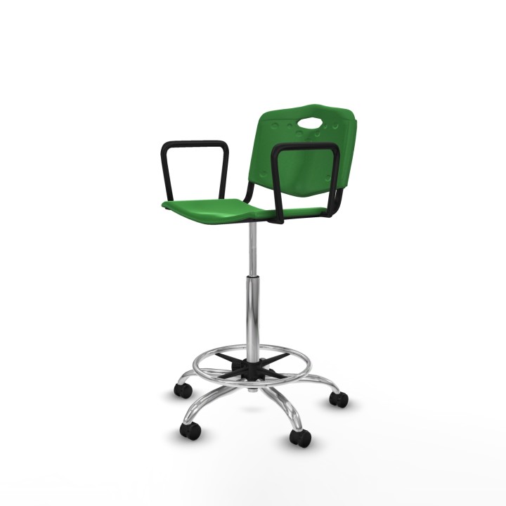 Piqueras y Crespo Taburete Robledo giratorio plástico verde brazos fijos base cromada ruedas engomadas 50mm
