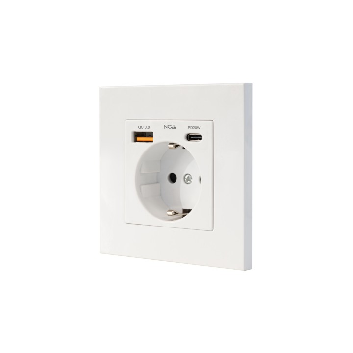 Nanocable Base de enchufe de pared tipo schuko con 1xUSB-A QC 3.0 + 1xUSB-C PD - Max. 3.4A, Blanco