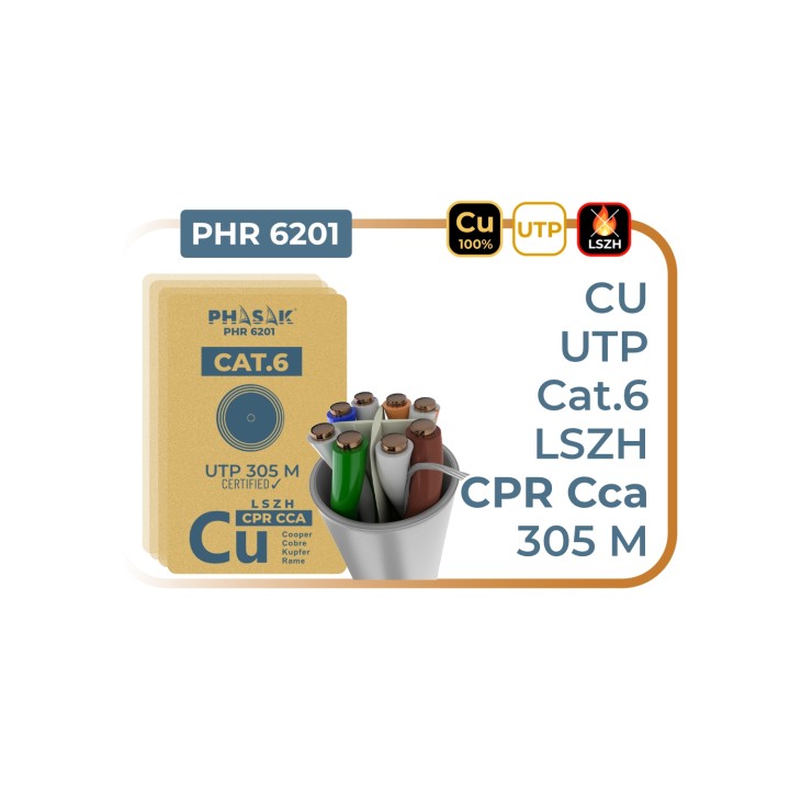 Phasak Bobina Cable UTP Cat.6 100% cobre LSZH CPR Cca 305 m – PHR 6201