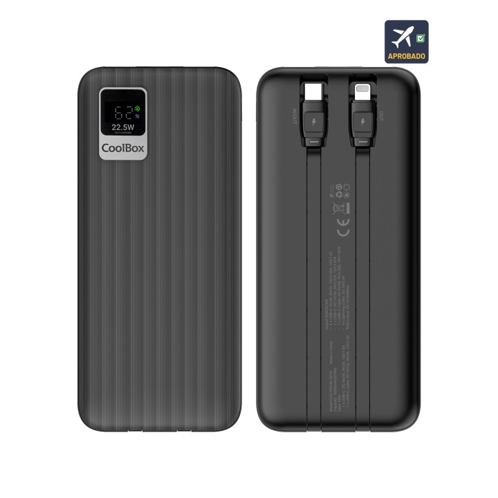 CoolBox POWERBANK DP10 10000MAH LCD+CABLES INTEGRADOS USB-C+LIGHTING NEGRO CARGA RAPIDA