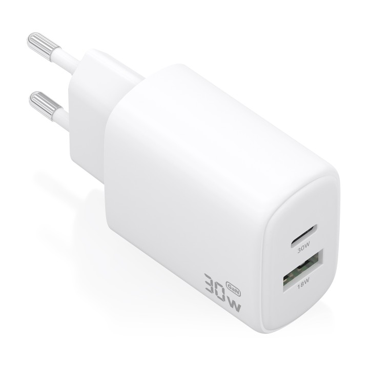 AISENS Cargador GaN 30W, 1xUSB-C PD3.0 QC4.0, 1xUSB-A QC3.0, Blanco