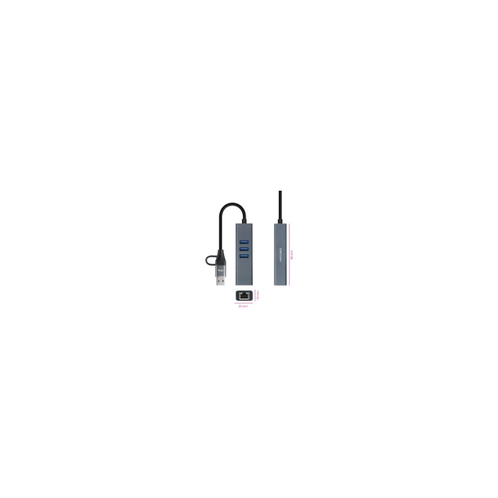 Nanocable Conversor USB-C+USB-A/M 3.0 a Ethernet + 3xUSB-A 3.0, Aluminio, Gris, 15 cm