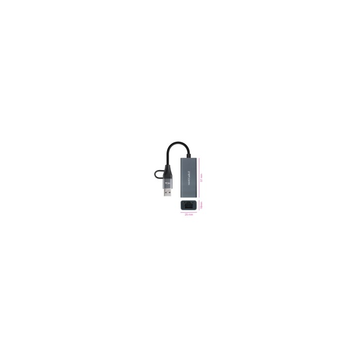 Nanocable Conversor USB-C+USB-A/M 3.0 a Ethernet, Aluminio, Gris, 15 cm