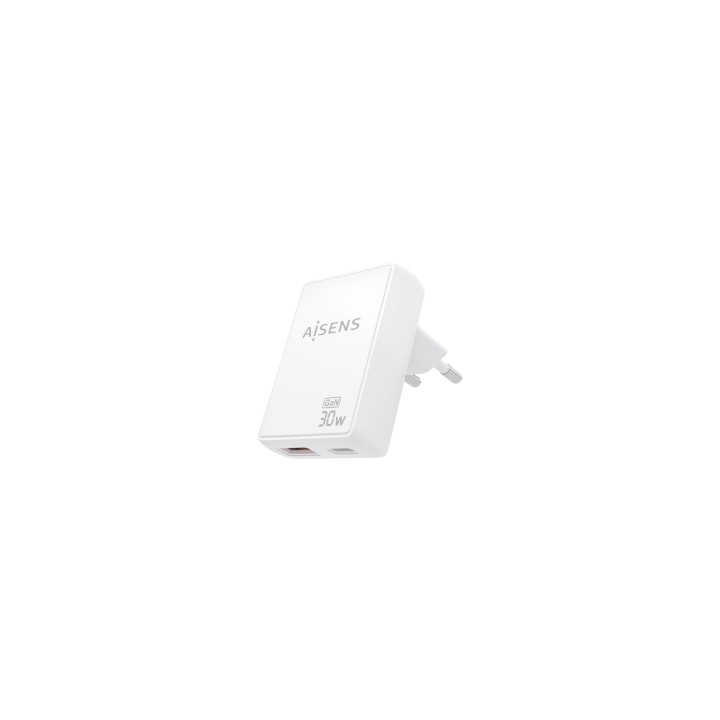 AISENS Cargador De Pared GaN Ultra Delgado 30W, 1xUSB-C PD3.0 QC4.0, 1xUSB-A QC3.0, Blanco