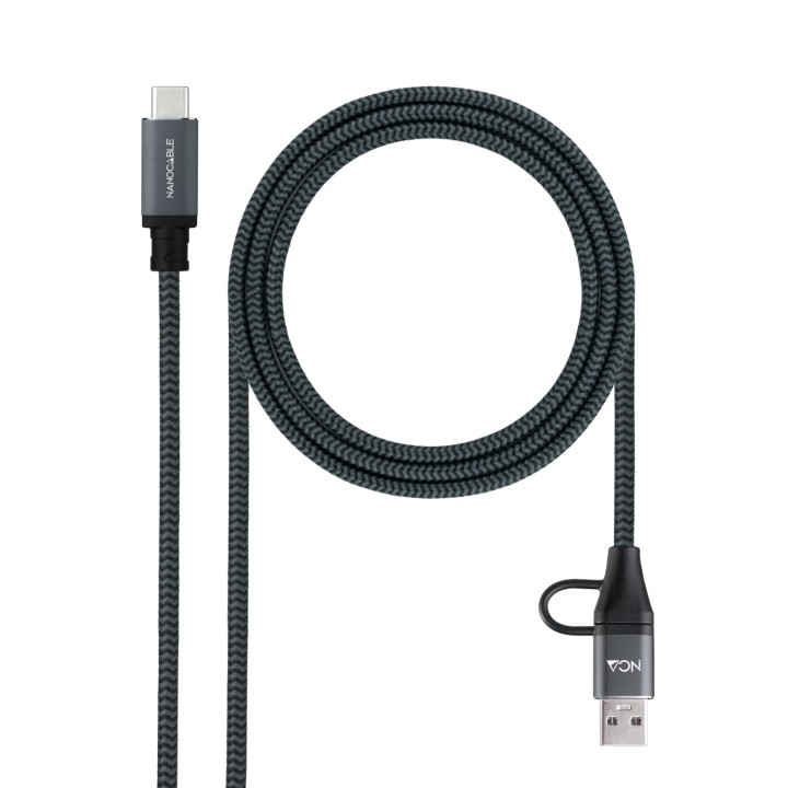 Nanocable Cable USB 3.2 Gen2x2 20Gbps 5A/100W, USB-C+USB-A/M a USB-C/M, Gris/Negro, 2m