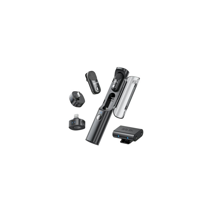 Boya Magic-01 USB-C + Lightning + 3.5 Mm TRS) RX + Soporte de escritorio omnidireccional inalámbrico 4 en 1 con IA y estuche de