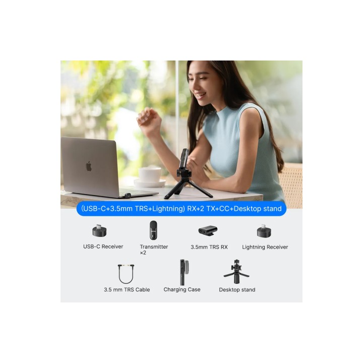 Boya Magic-01 USB-C + Lightning + 3.5 Mm TRS) RX + Soporte de escritorio omnidireccional inalámbrico 4 en 1 con IA y estuche de