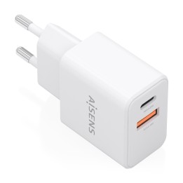 AISENS Cargador GaN 20W, 1xUSB-C PD3.0, 1xUSB-A QC3.0, Blanco
