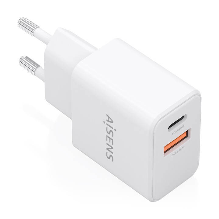 AISENS Cargador GaN 20W, 1xUSB-C PD3.0, 1xUSB-A QC3.0, Blanco