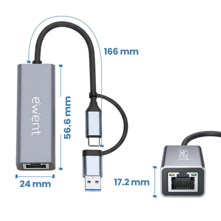 Ewent EW9819 hub de interfaz USB 3.2 Gen 1 (3.1 Gen 1) Type-A + Type-C 1000 Mbit/s Gris