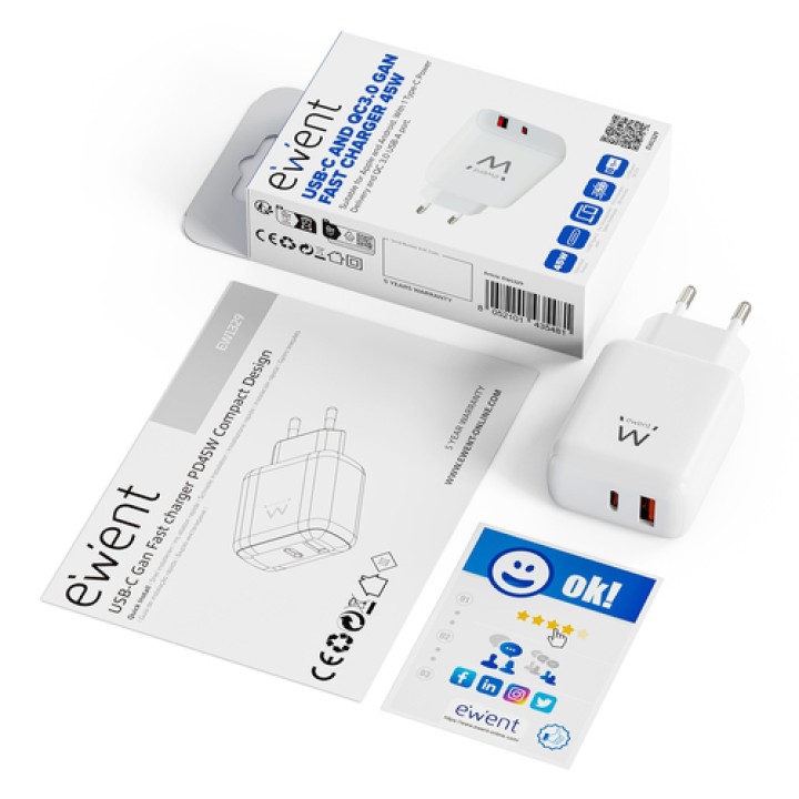Ewent EW1329 cargador de dispositivo móvil Universal Blanco Corriente alterna Carga rápida Interior