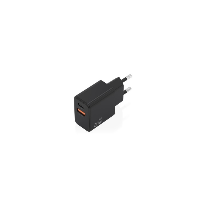 AISENS Cargador GaN 20W, 1xUSB-C PD3.0, 1xUSB-A QC3.0, Negro