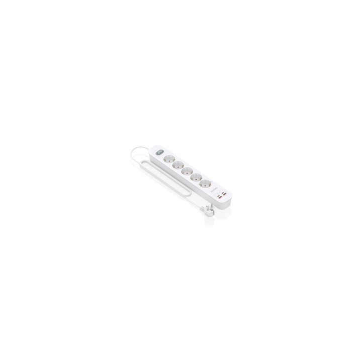 AISENS Regleta de Enchufes Multifuncion con 5 Tomas + Cargador PD3.0 20W 2xUSB-C, 2xUSB-A, 1.4m, Blanco