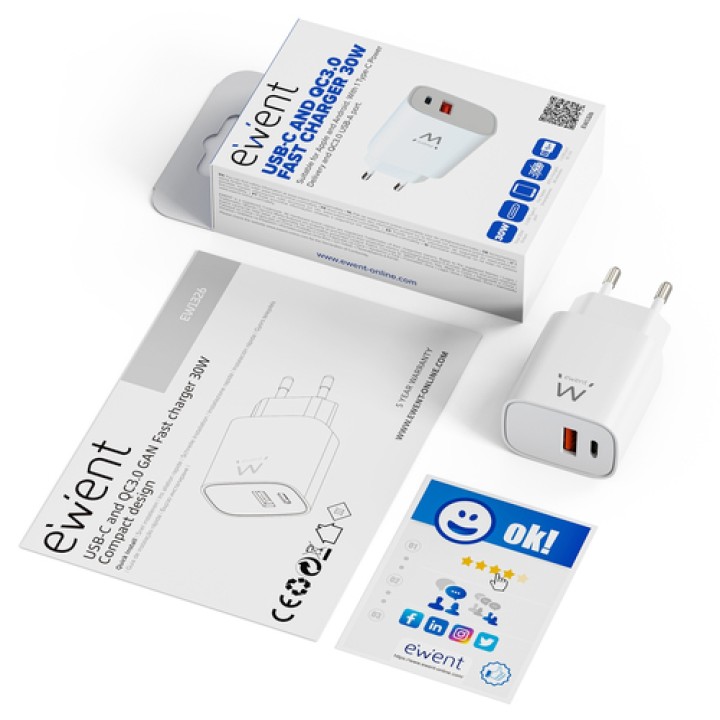 Ewent EW1326 cargador de dispositivo móvil Universal Blanco Corriente alterna Carga rápida Interior