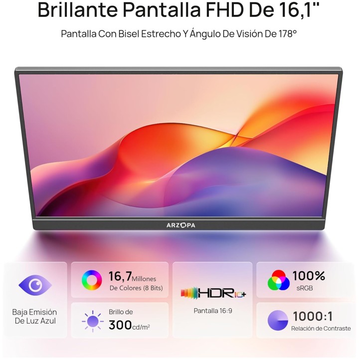 ARZOPA 16.1" Z1C Monitor Portatil FHD IPS HDMI/Type-C/USB-C para Portátil/PC/Mac/PS4/5/Xbox
