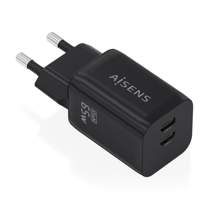 AISENS Cargador GaN 65W, 2xUSB-C PD3.0 QC4.0, Negro