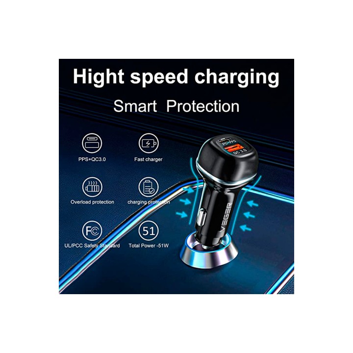 Veger Cargador Coche USB-A y USB-C 51W PD30W + QC18W