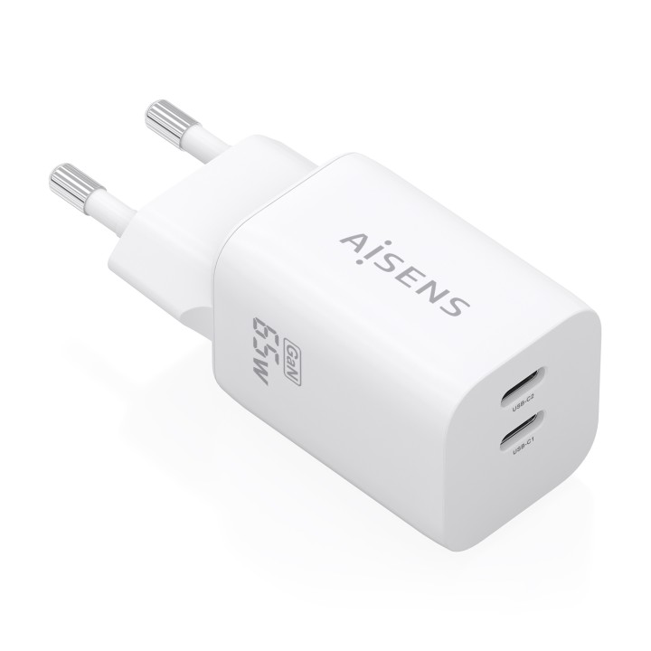AISENS Cargador GaN 65W, 2xUSB-C PD3.0 QC4.0, Blanco