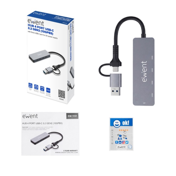 Ewent EW1151 hub de interfaz USB Tipo C 10000 Mbit/s Gris