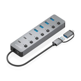 AISENS Hub USB3.1 Gen1 USB-C USB-A, USB-C/M+USB-A/M-4xUSB-A/H+3xUSB-C/H+1xUSB-C/H ALIM., Gris, 30cm
