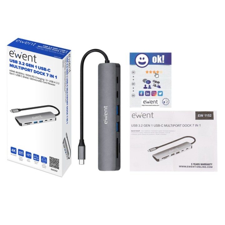 Ewent EW1152 base para portátil y replicador de puertos Alámbrico USB 3.2 Gen 1 (3.1 Gen 1) Type-C Gris