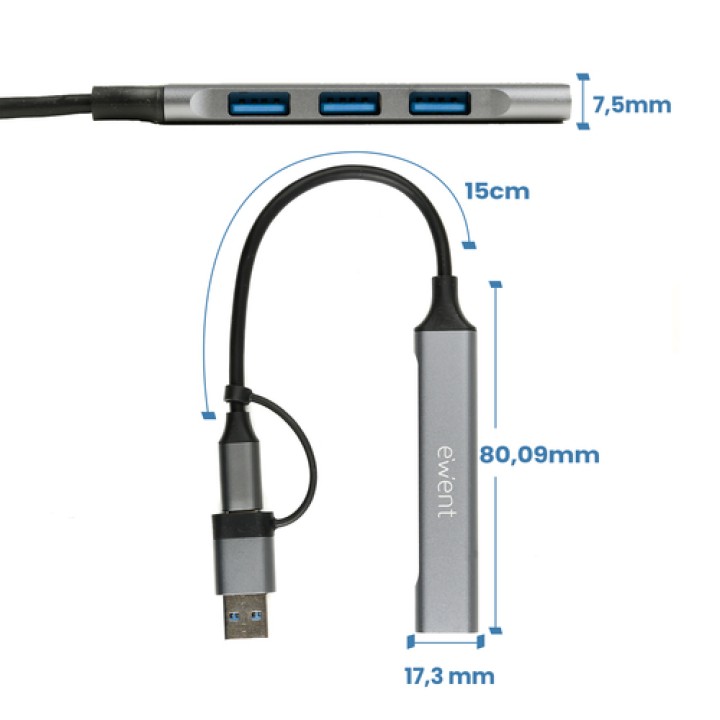 Ewent EW1154 hub de interfaz USB 3.2 Gen 1 (3.1 Gen 1) Type-A + Type-C Gris