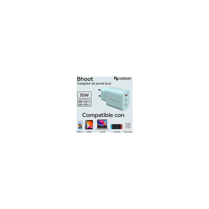 Cargador de Pared Nubbeh Bhoot 30W Dual USB-A y USB-C Verde