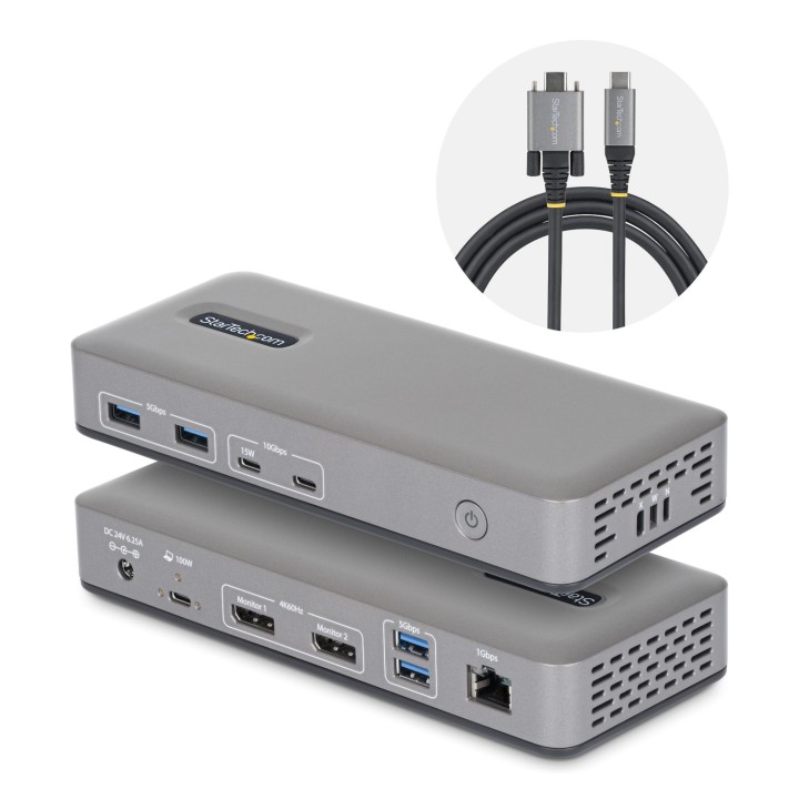 StarTech.com Docking Station USB-C de 2 Monitores DisplayPort - 4K 60Hz - Red Ethernet de 1Gbps - Dock Multipantalla - PD de