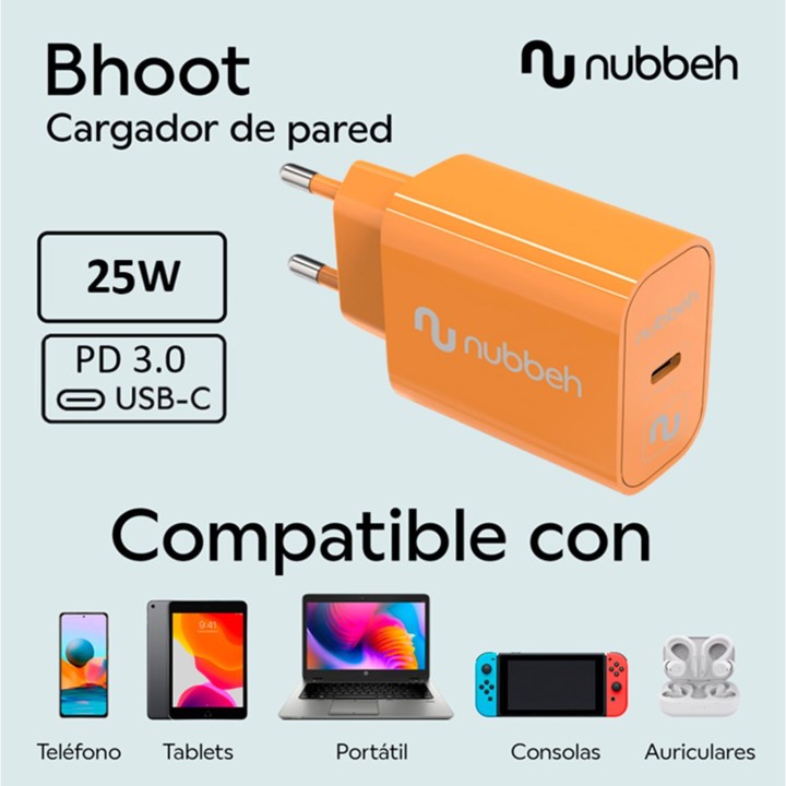 Cargador de Pared Nubbeh Bhoot USB-C Power Delivery 3.0 25W Naranja