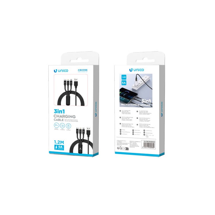Cable USB Tipo A a Micro USB A, USB C y Lightning - 3,4A 1,2m Negro